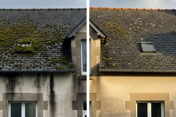 Avant après nettoyage de toiture et traitement anti-mousse